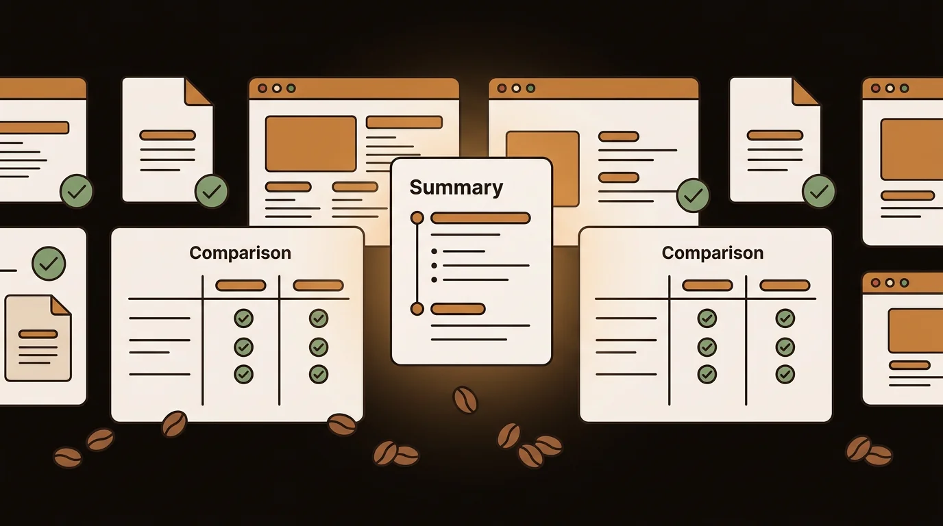Comparison of article summarizer tools with browser and document icons
