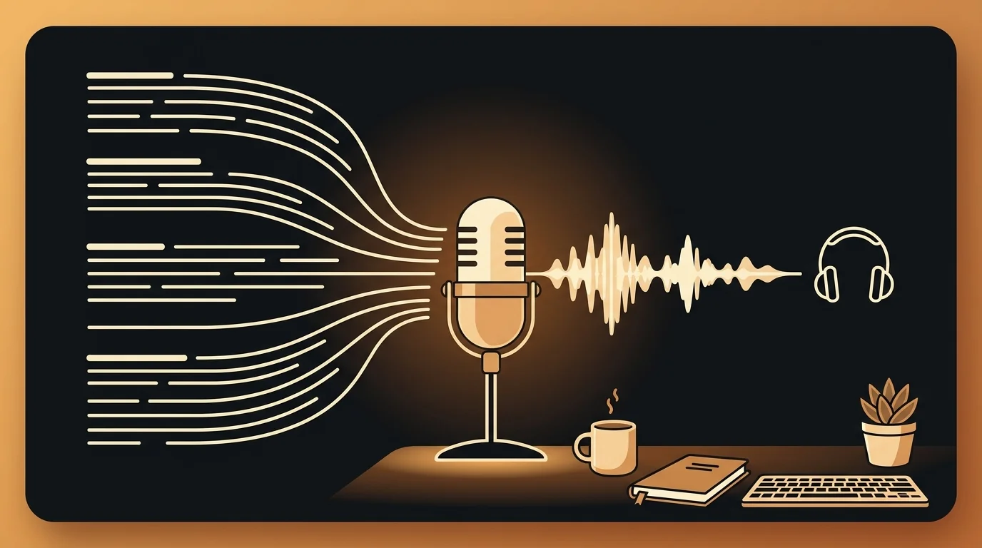 Audio waveform converting into flowing text lines with a warm coffee cup beside it