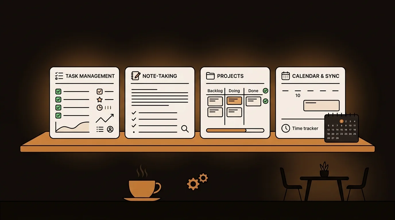 Comparison cards of meeting transcription tools arranged side by side with coffee and checkmarks