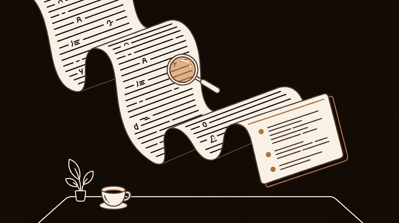 AI text summarizer tool condensing long document into bullet points with coffee