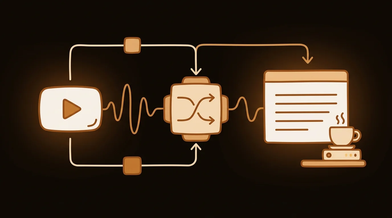 YouTube transcript generator pipeline diagram with sound waves and text output