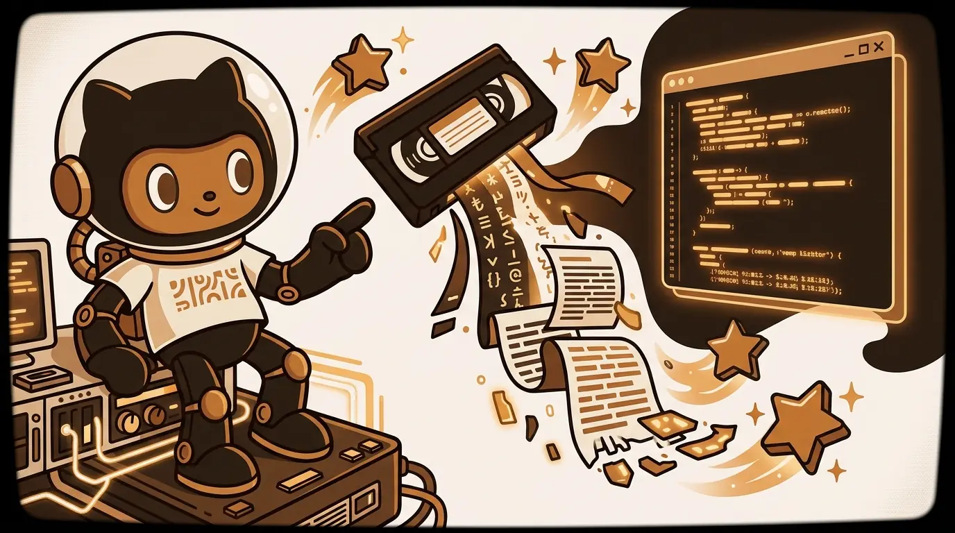 Terminal window with code flowing into transcript output, GitHub stars, espresso dark tones