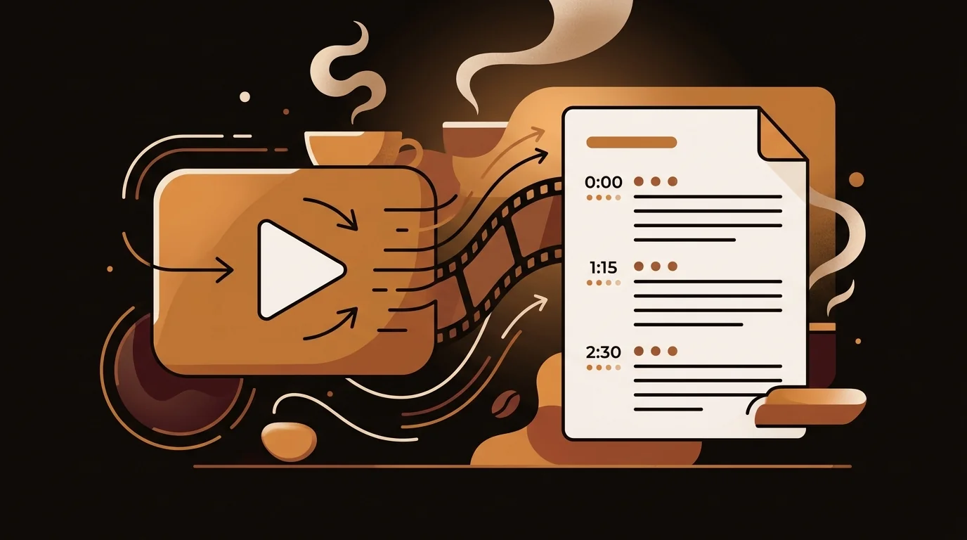Video file converting into a clean text transcript document with warm amber tones