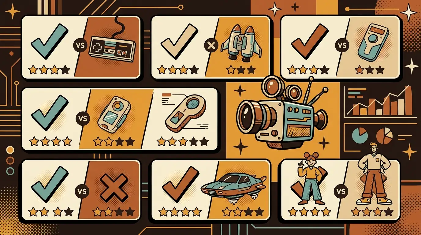 Bold comparison layout of video repurposing tools with retro cartoon video icons and coffee palette