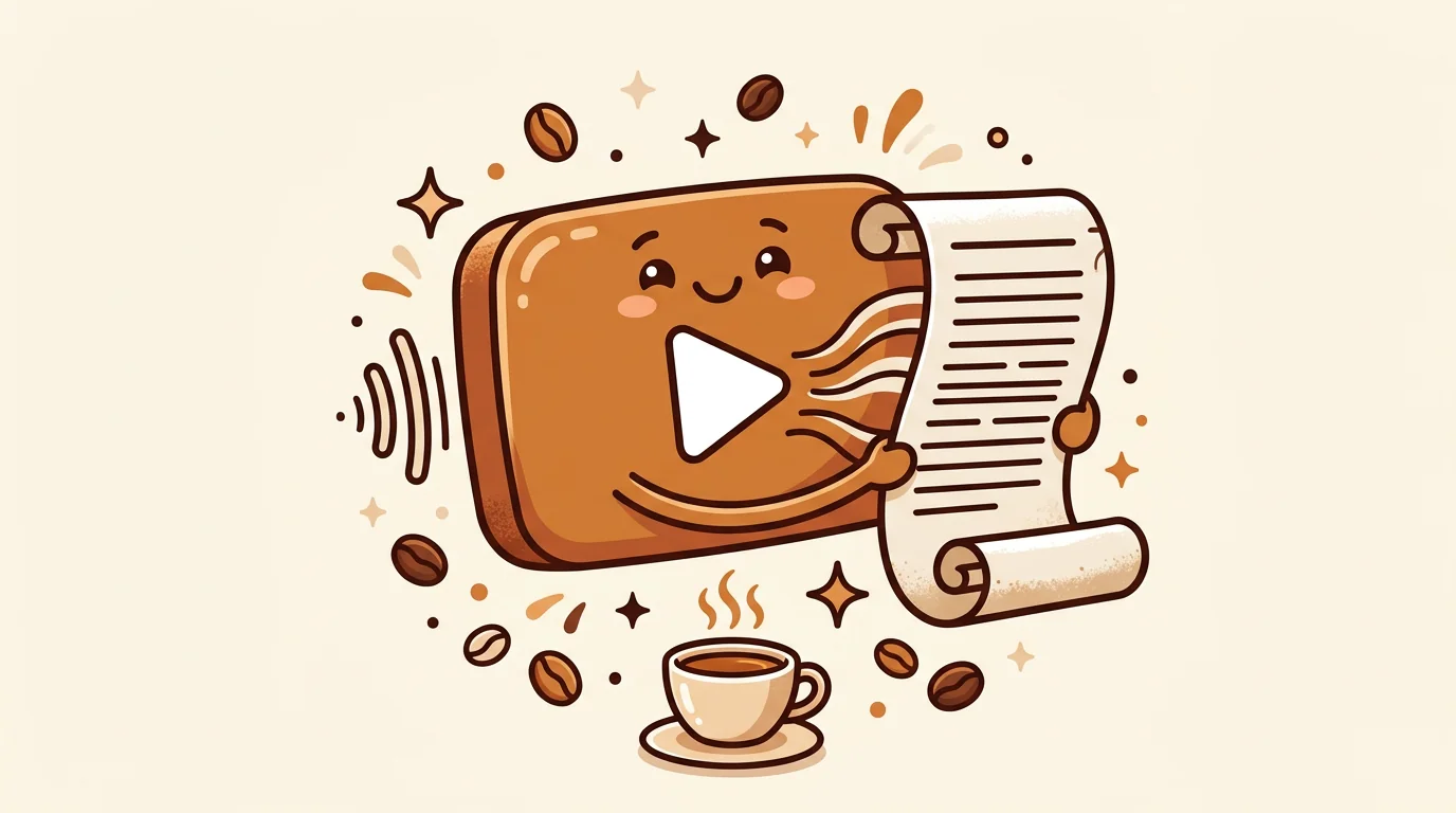 Cute cartoon YouTube play button with text lines flowing out into a transcript document and coffee cup