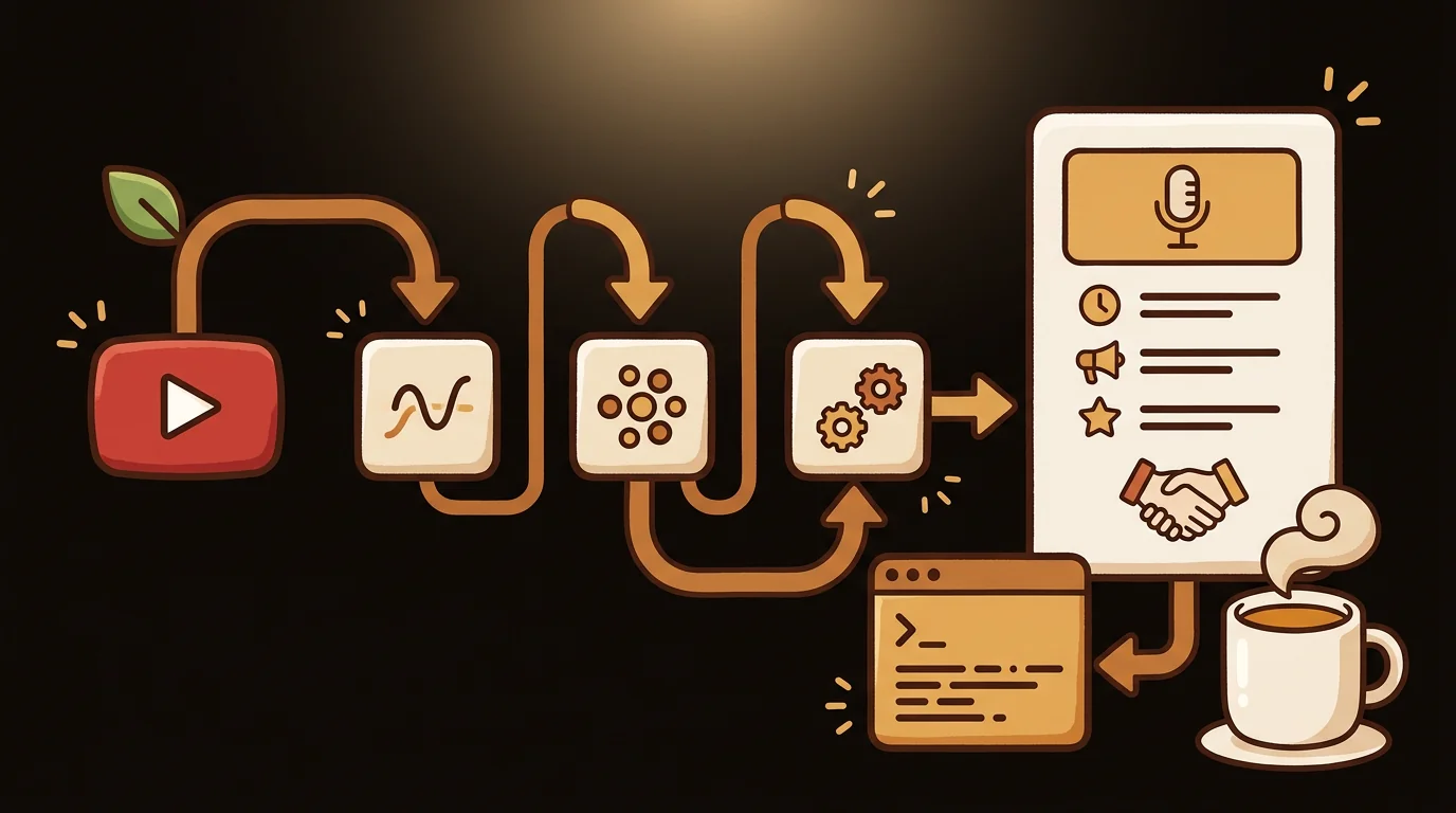 Engineering diagram showing YouTube transcript API flowing into LLM summarization pipeline with code
