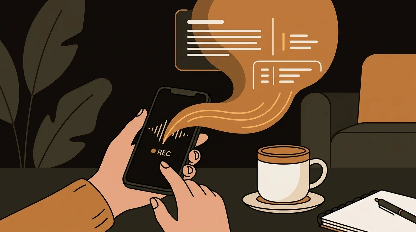 Founder recording voice memo on phone with AI transcription output and coffee cup nearby