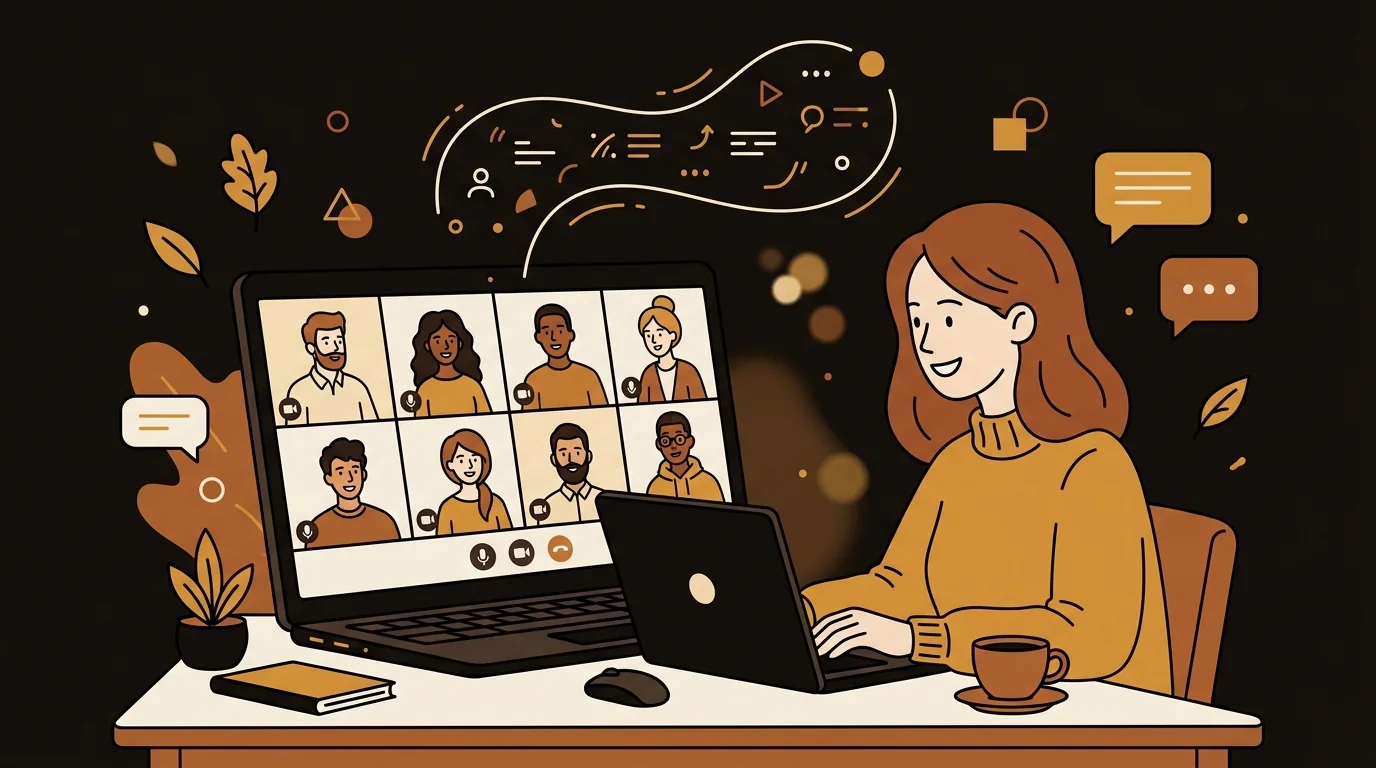 Illustrated team lead reviewing AI-generated meeting transcript with coffee and laptop