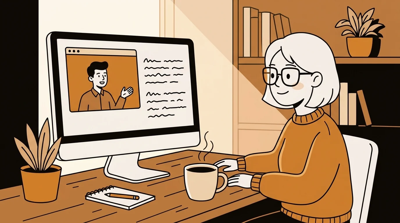 UX researcher analyzing video interview transcripts with highlighted quotes and coffee