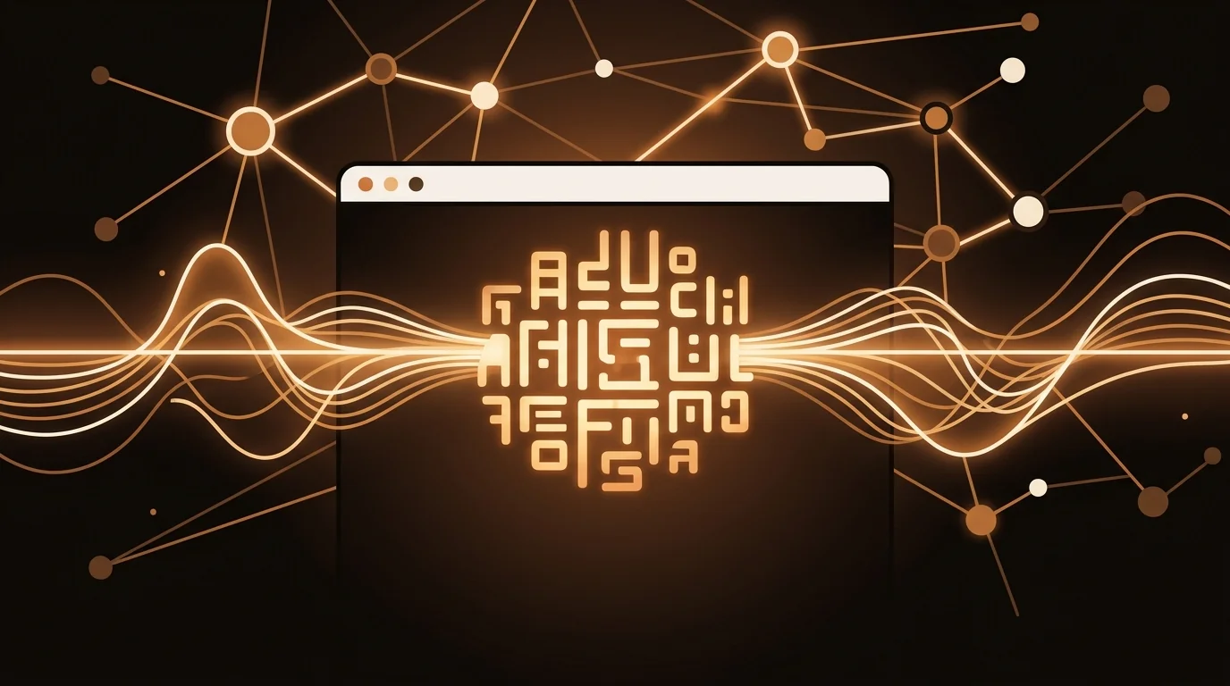 Sound waves flowing into text characters on screen with espresso tones and AI nodes