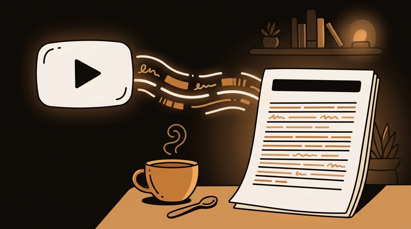 YouTube caption downloader tool showing subtitle text extracted from video with coffee tones
