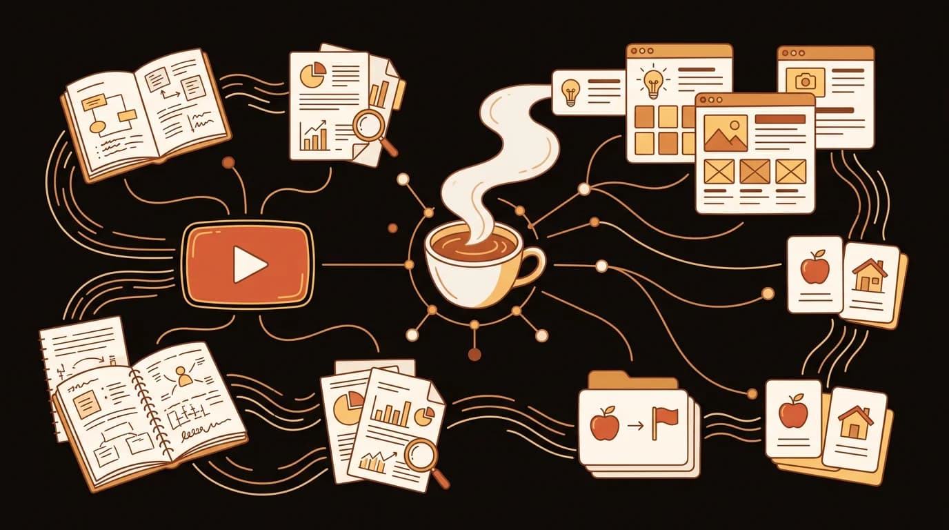 YouTube play button connected to transcript documents, captions, and summary cards flowing into a central knowledge hub, coffee palette overview map