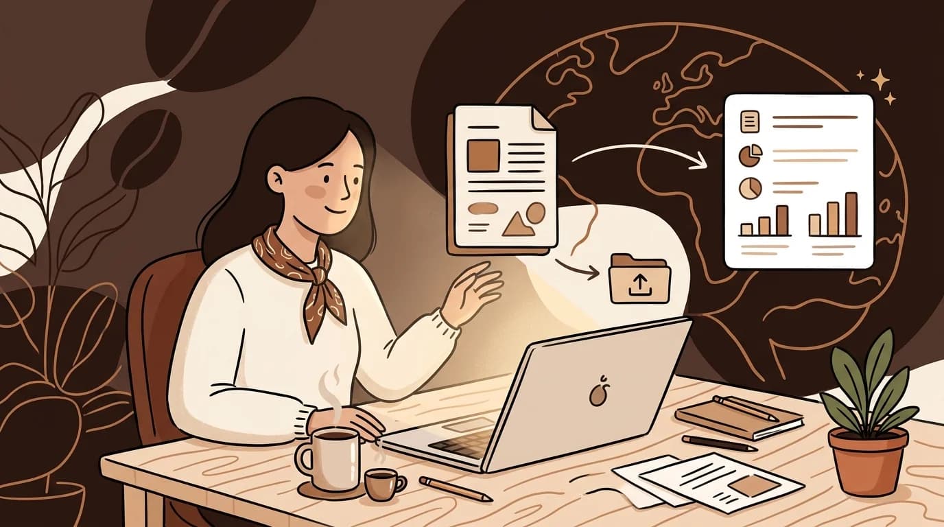 Consultant uploading PDF report and reading AI-generated summary with coffee at desk